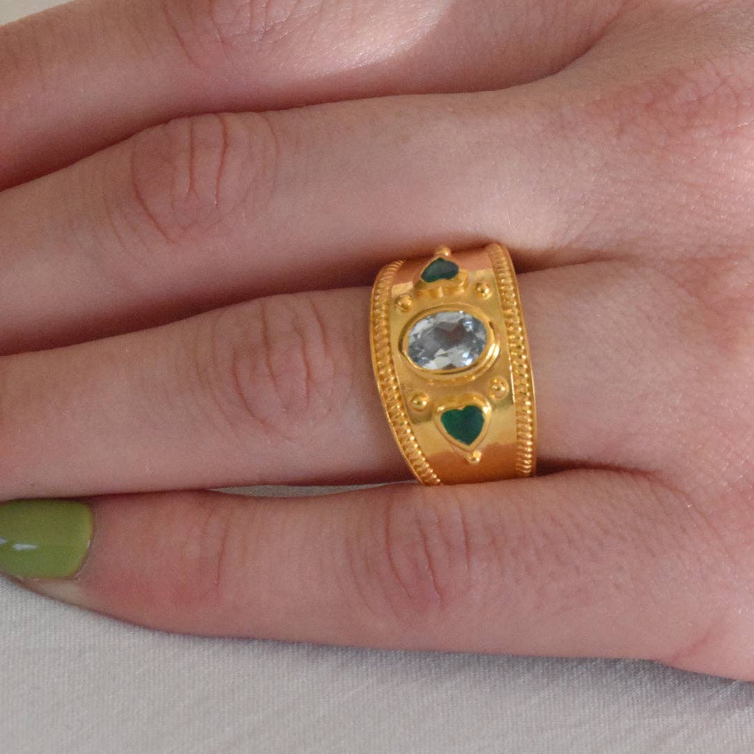 Gold Vermeil, Sterling Silver Etruscan Style Blue Topaz and Green Onyx Ring