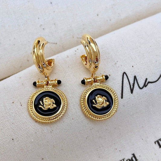 Vintage inspired detailed design Rose pendant earrings with black enamel-gold vermeil