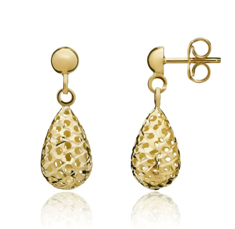 9ct Yellow Gold Pierced Bombe Drop Earrings 20x7mm