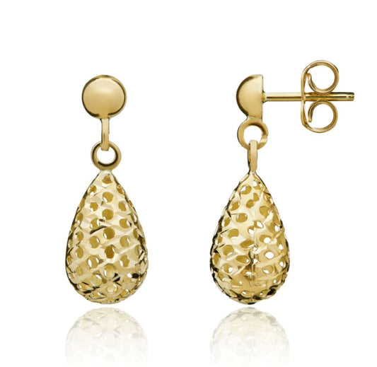 9ct Yellow Gold Pierced Bombe Drop Earrings 20x7mm