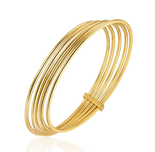 9ct Yellow Gold Round Tube Five Row & Bar Bangle