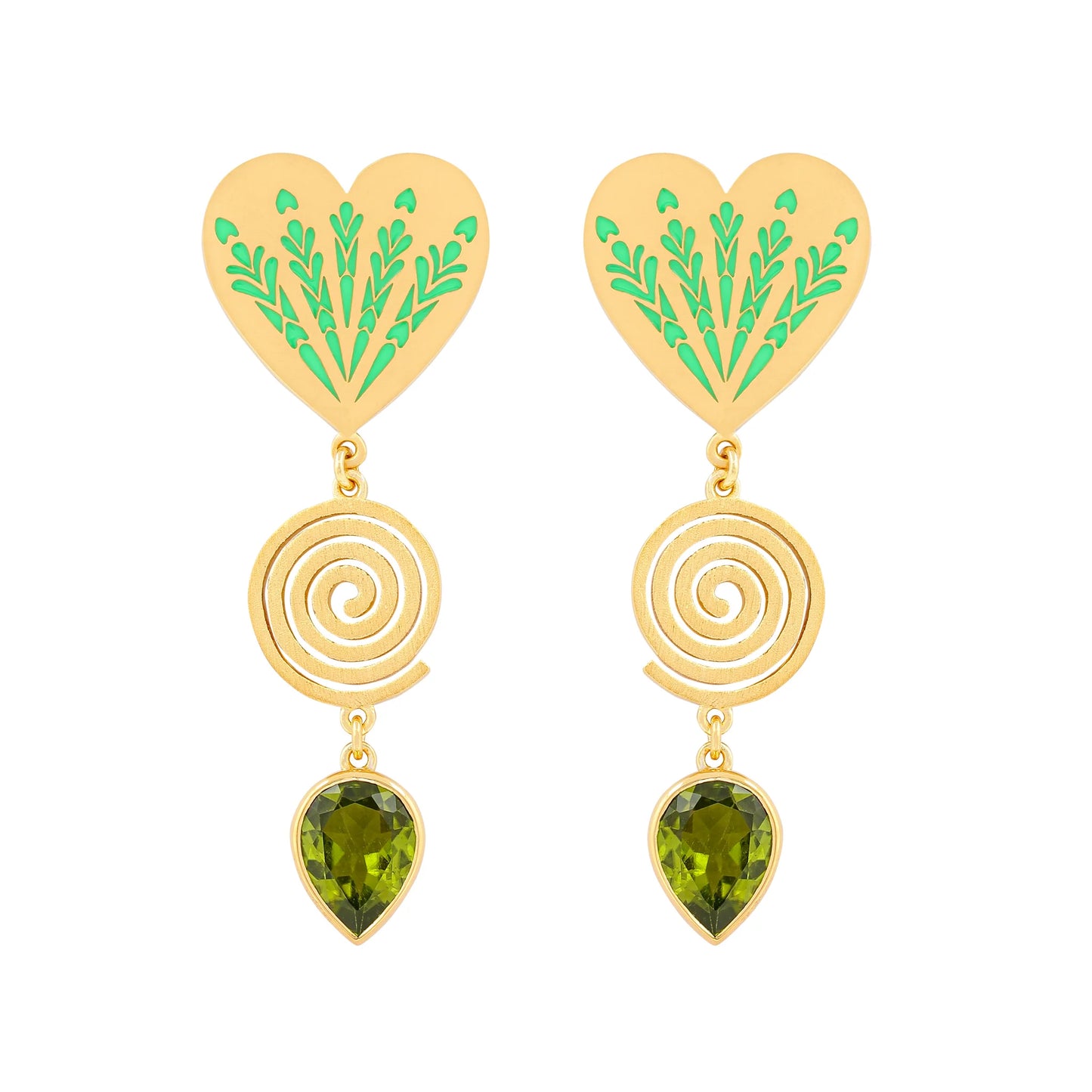 Fireworks Drop Earrings with Peridot, Green Enamel and in Gold Vermeil