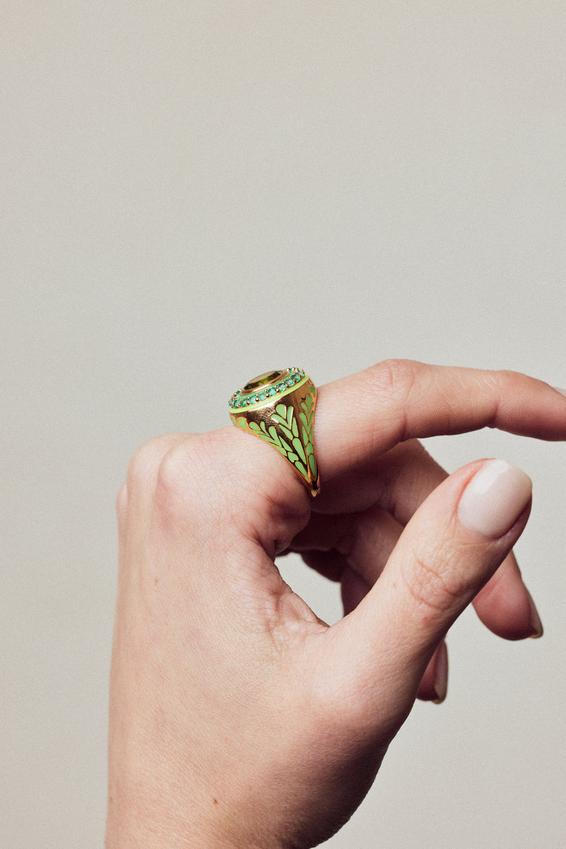 Green Fireworks Ring with Emeralds and Peridot, Enamel and in Gold Vermeil