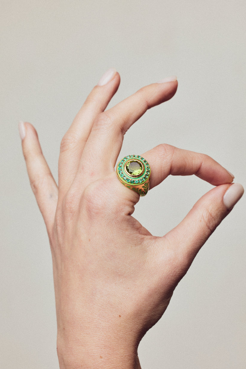 Green Fireworks Ring with Emeralds and Peridot, Enamel and in Gold Vermeil