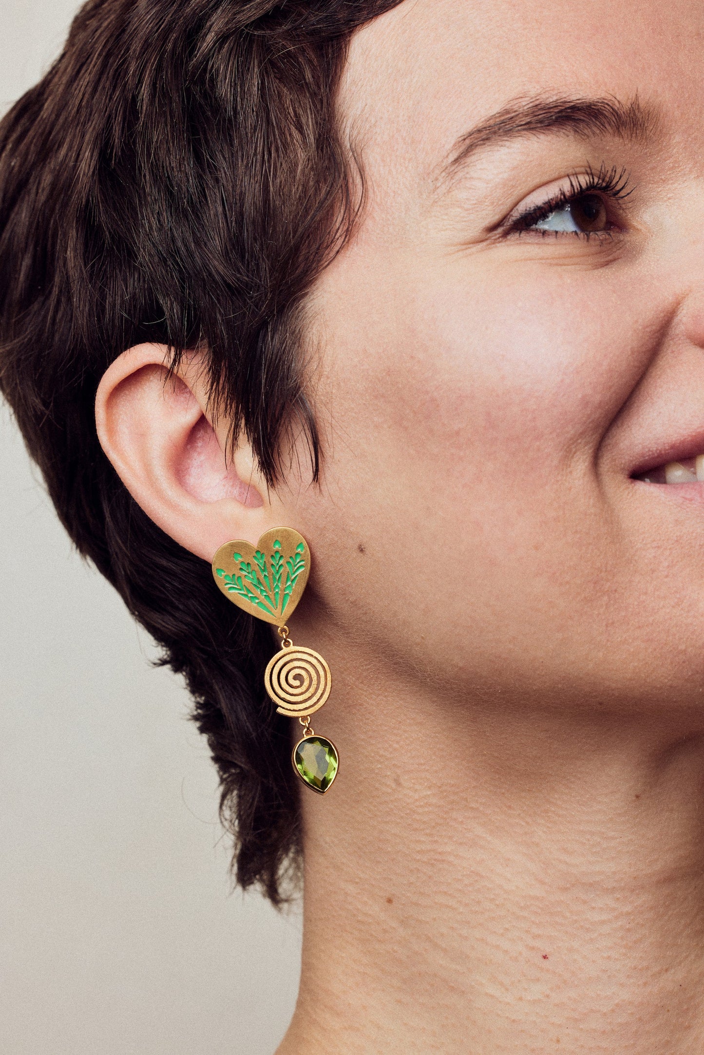 Fireworks Drop Earrings with Peridot, Green Enamel and in Gold Vermeil