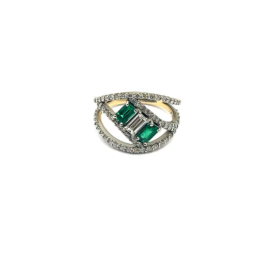 18ct White Gold Three Stone Baguette Diamond and Emerald Ring