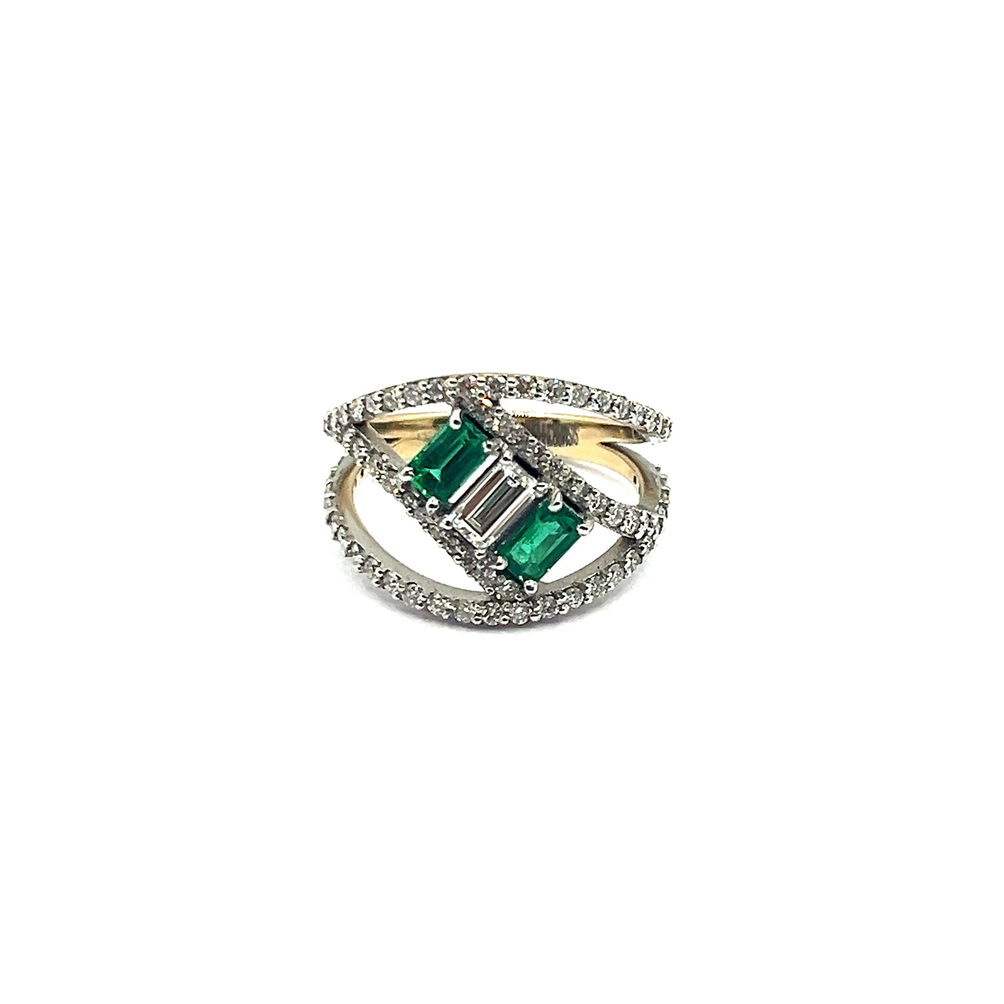 18ct White Gold Three Stone Baguette Diamond and Emerald Ring