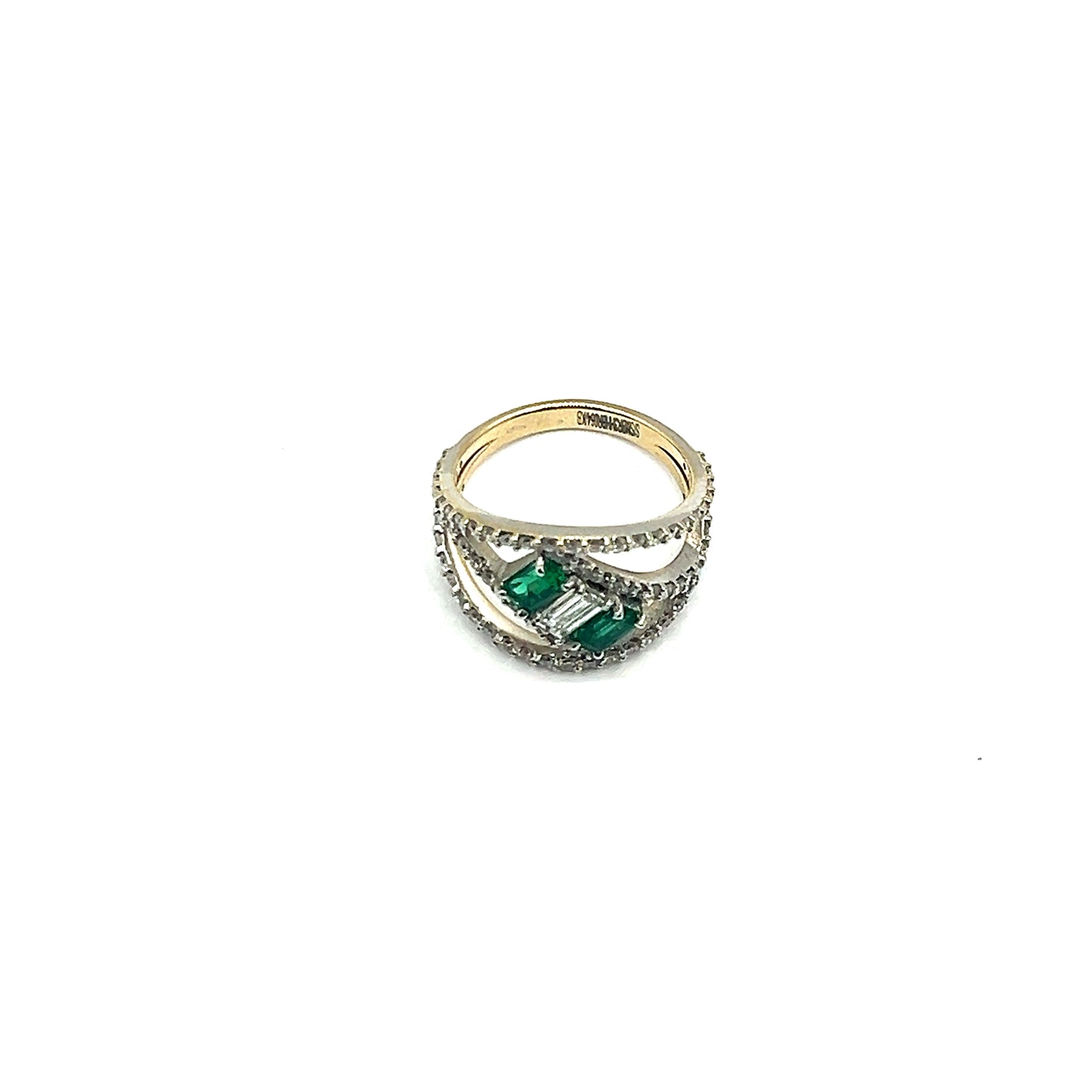 18ct White Gold Three Stone Baguette Diamond and Emerald Ring