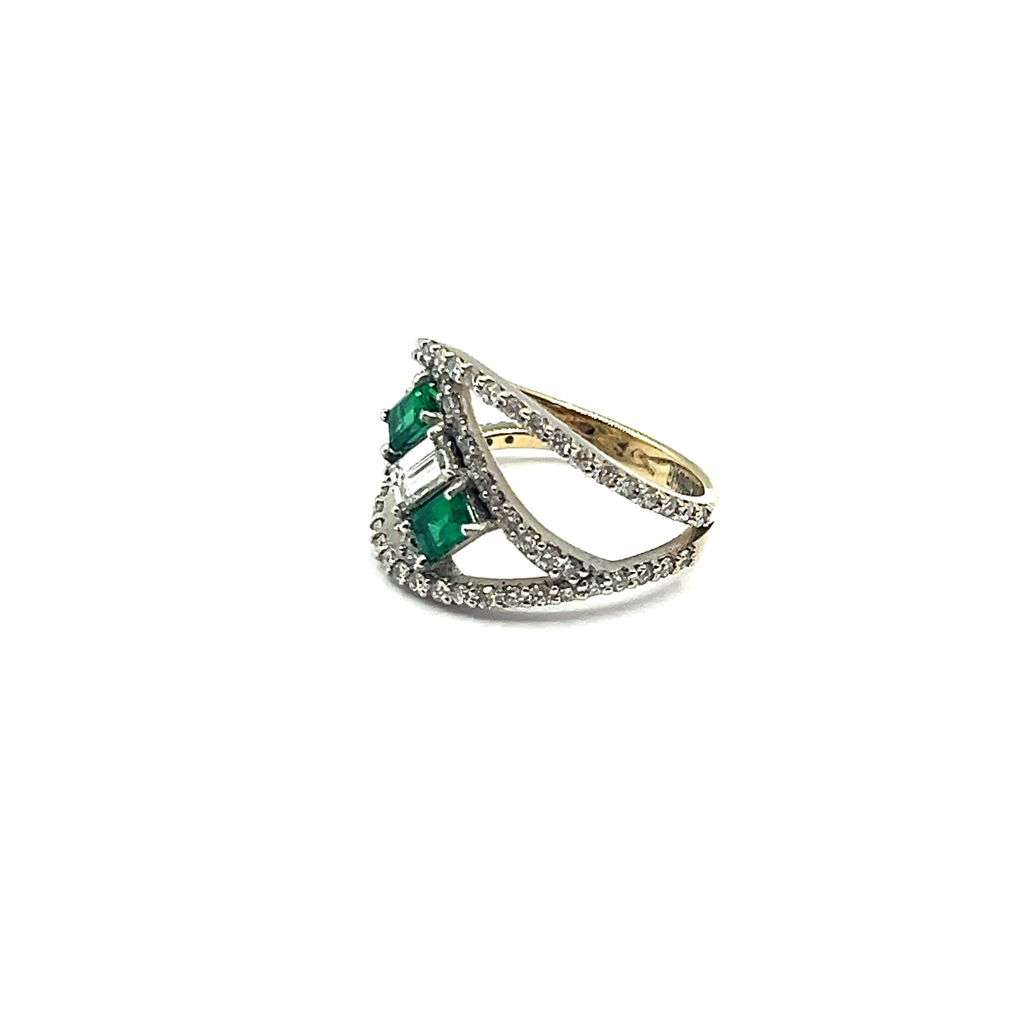 18ct White Gold Three Stone Baguette Diamond and Emerald Ring