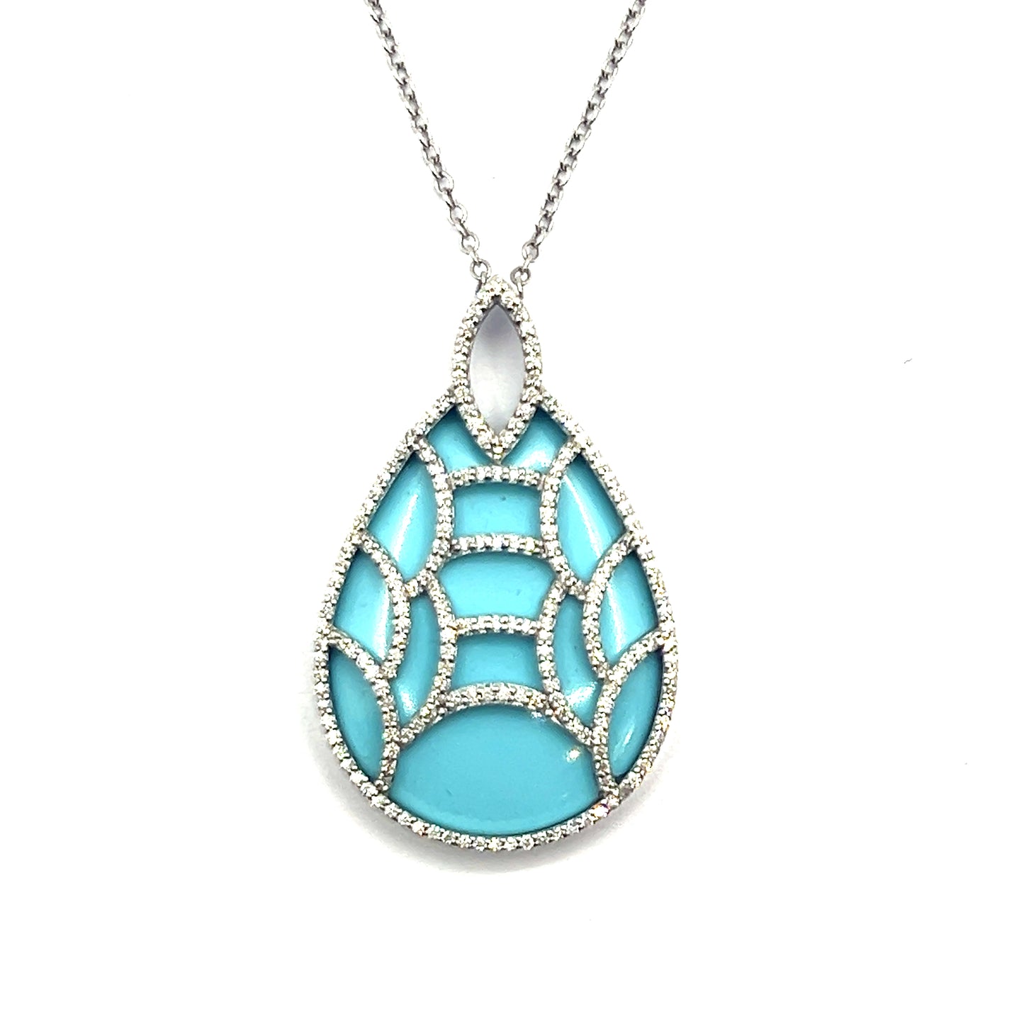 18ct White Gold Teardrop Turquoise and Diamond Pendant Necklace