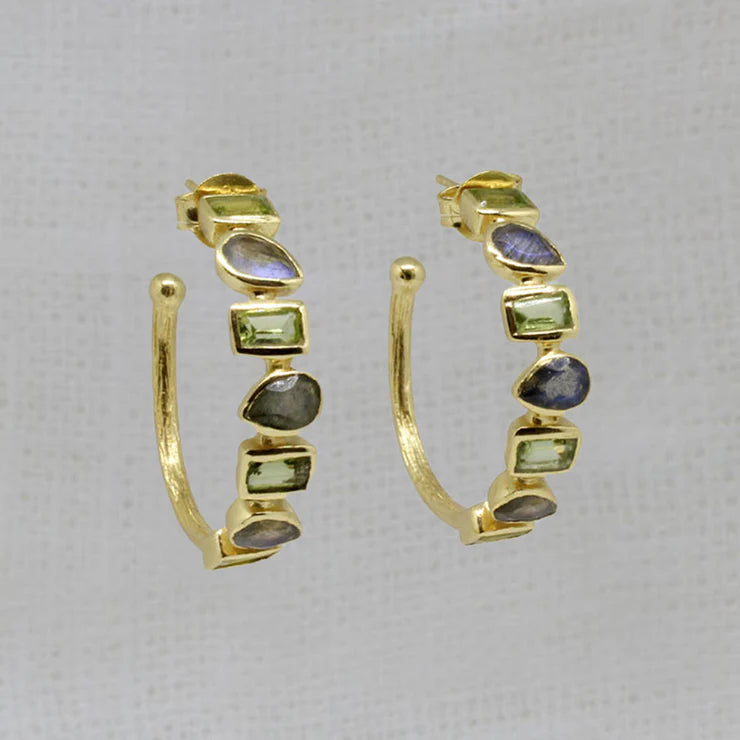 18ct Gold Vermeil Pear and Rectange Labradorite and Green Amethyst Hoop Earrings