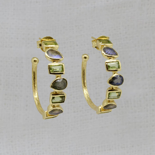 18ct Gold Vermeil Pear and Rectange Labradorite and Green Amethyst Hoop Earrings