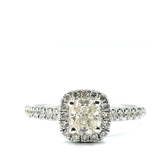 18ct White Gold Cushion Cut Diamond Halo and Pave Engagement Ring