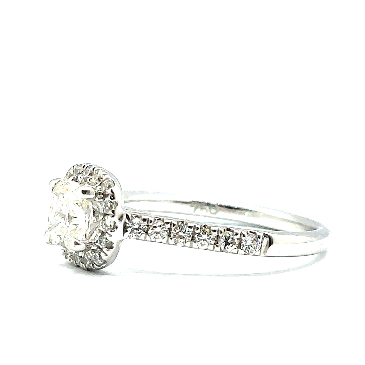 18ct White Gold Cushion Cut Diamond Halo and Pave Engagement Ring