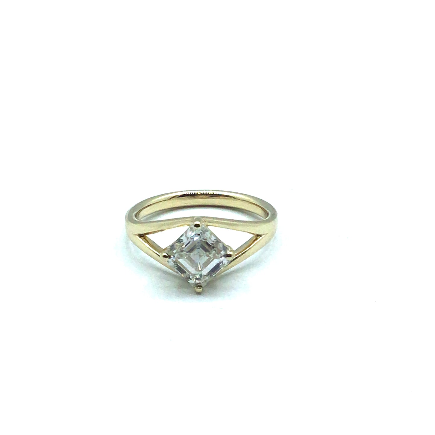 Asscher cut diamond 9ct Yellow gold split shoulder engagement ring