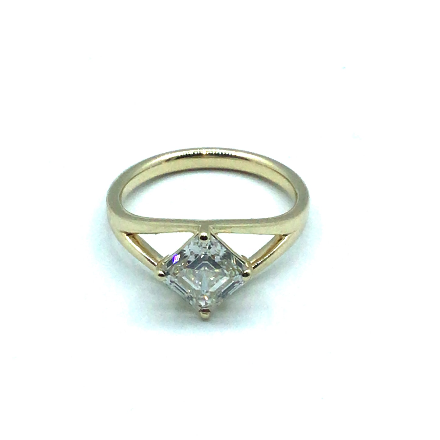 Asscher cut diamond 9ct Yellow gold split shoulder engagement ring