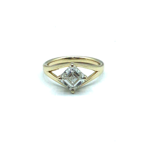 Asscher cut diamond 9ct Yellow gold split shoulder engagement ring