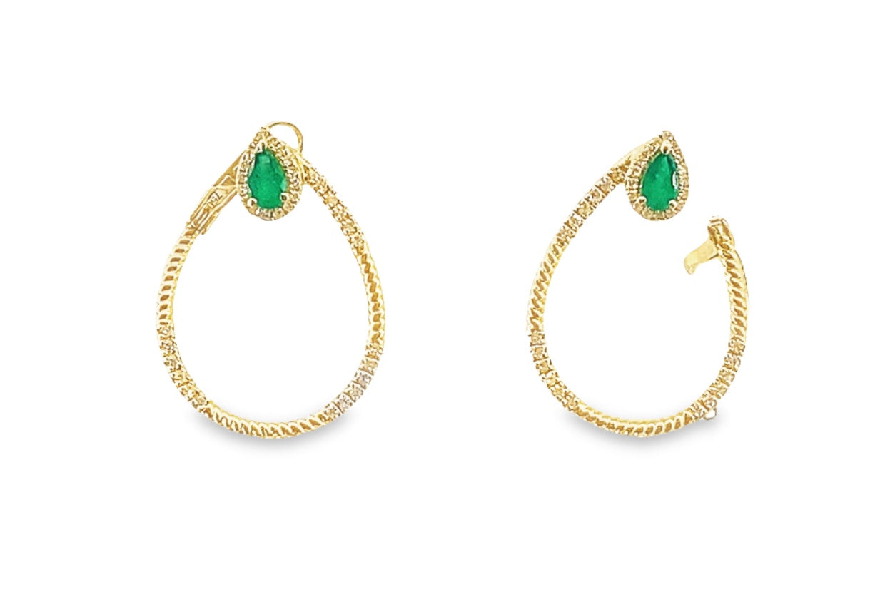 18ct Gold Pear Cut Emerald and Diamond Twisted Hoop Earrings