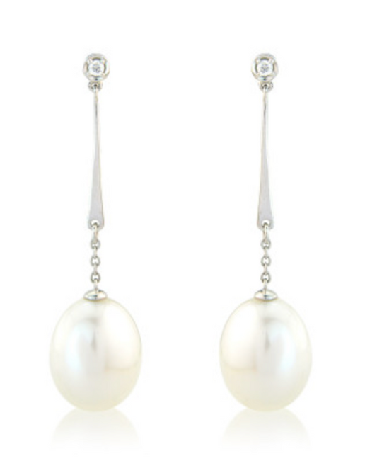 Diamond and Pearl Long Drop Earrings in 9ct White Gold