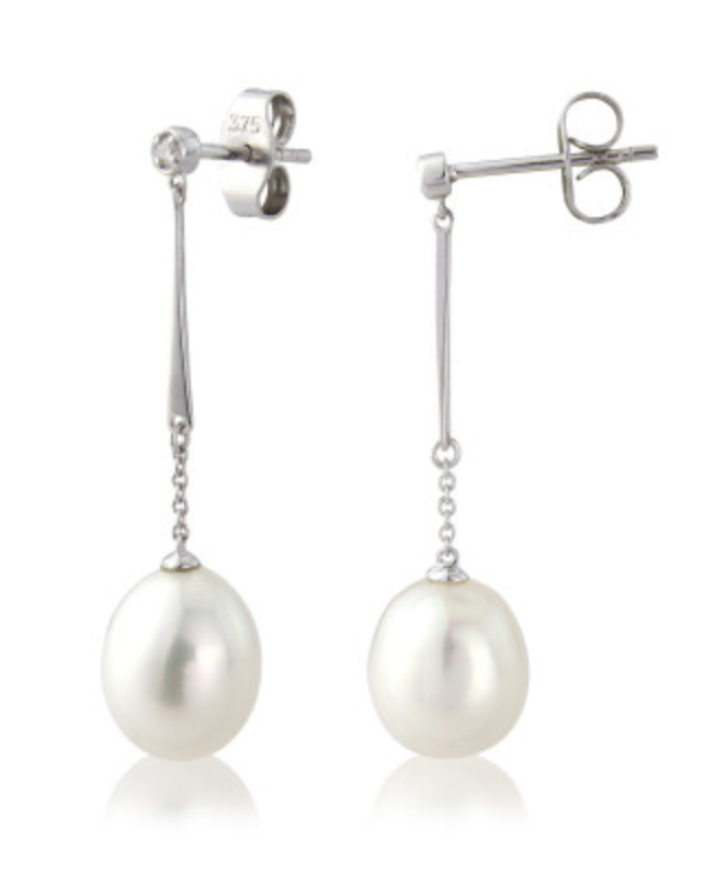 Diamond and Pearl Long Drop Earrings in 9ct White Gold