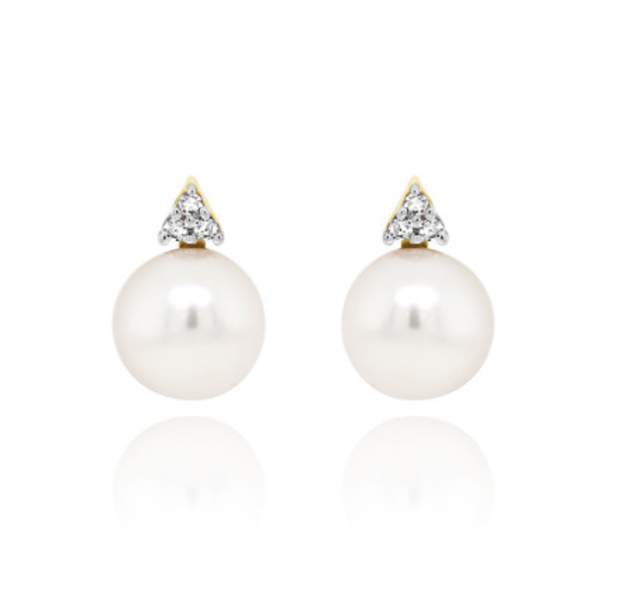 Pearl and Trefoil Diamond Stud Earrings in 9ct Yellow Gold