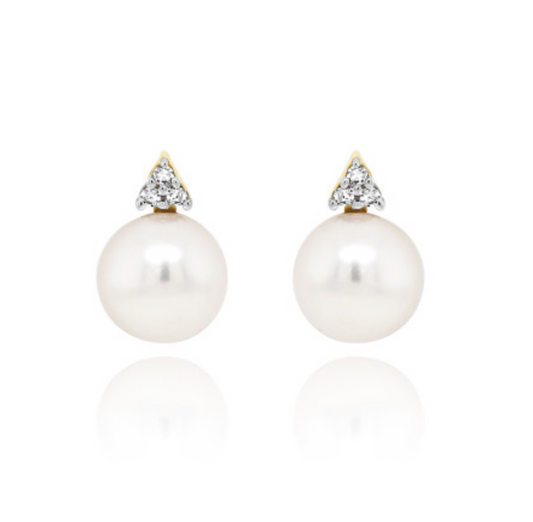 Pearl and Trefoil Diamond Stud Earrings in 9ct Yellow Gold