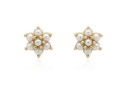 Cluster Stud Flower Pearl Earrings in 9ct Yellow Gold