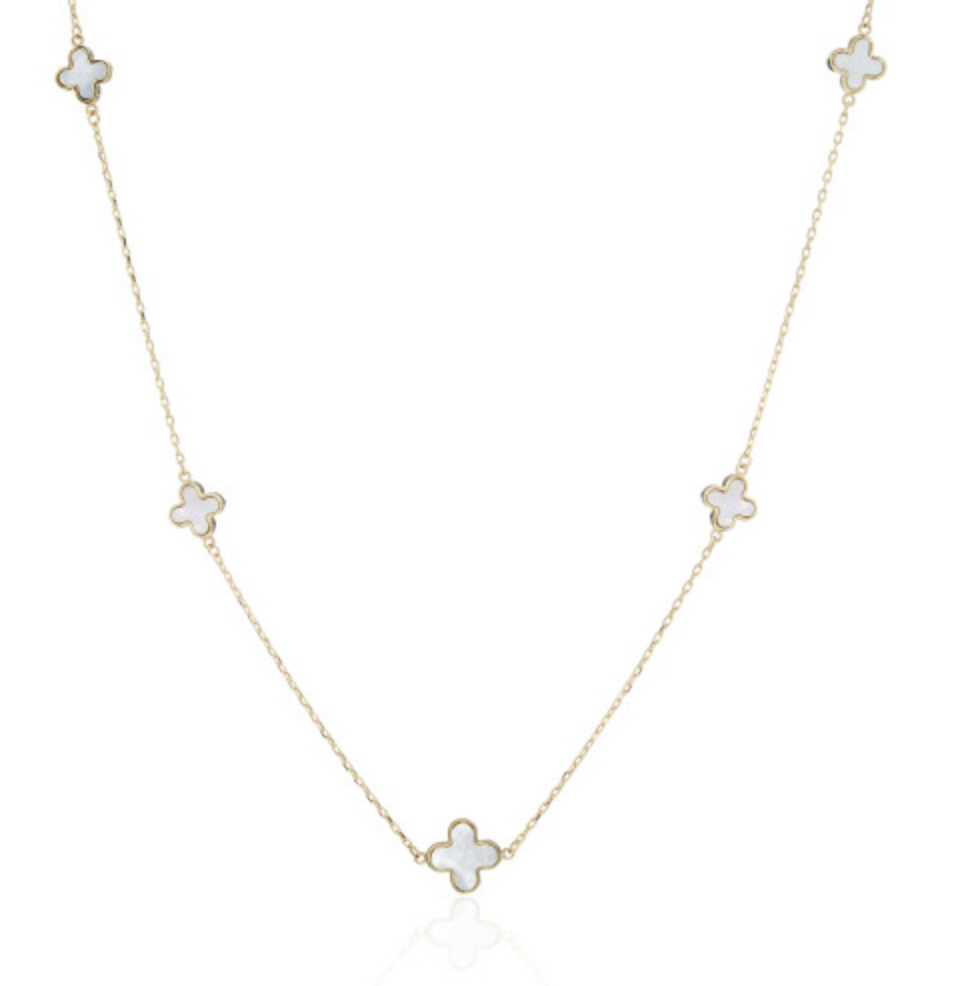 Five Mother of Pearl Flower Detail Necklace in 9ct Yellow Gold