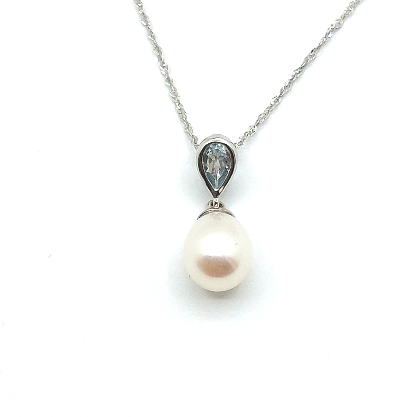 9ct White Gold Pearl & Pearshape Aquamarine Drop Pendant