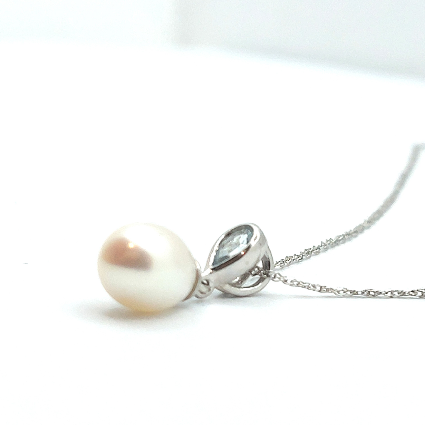 9ct White Gold Pearl & Pearshape Aquamarine Drop Pendant