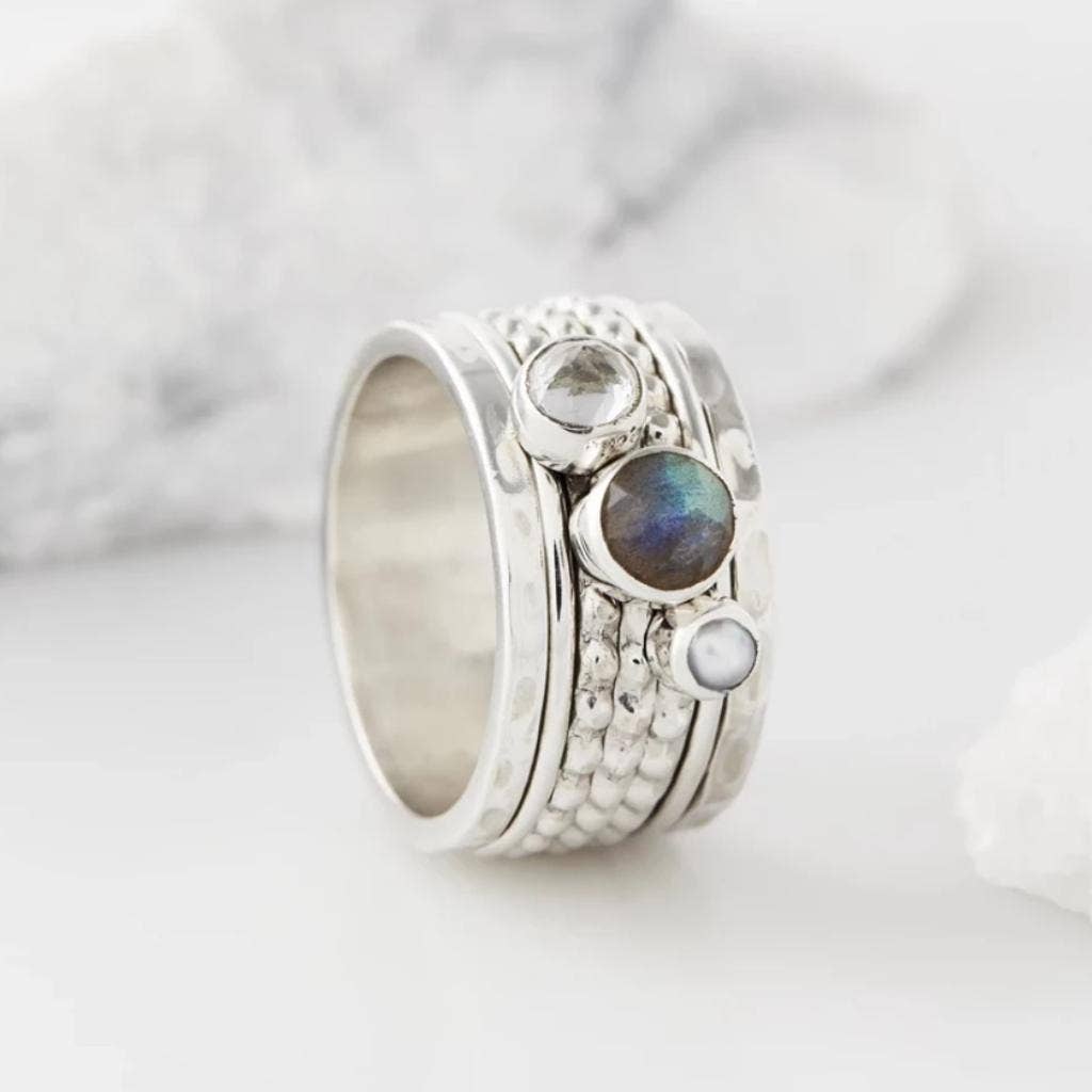 Sterling Silver "Ethereal Vibes" Labradorite, Clear Topaz & Pearl Spinning Ring