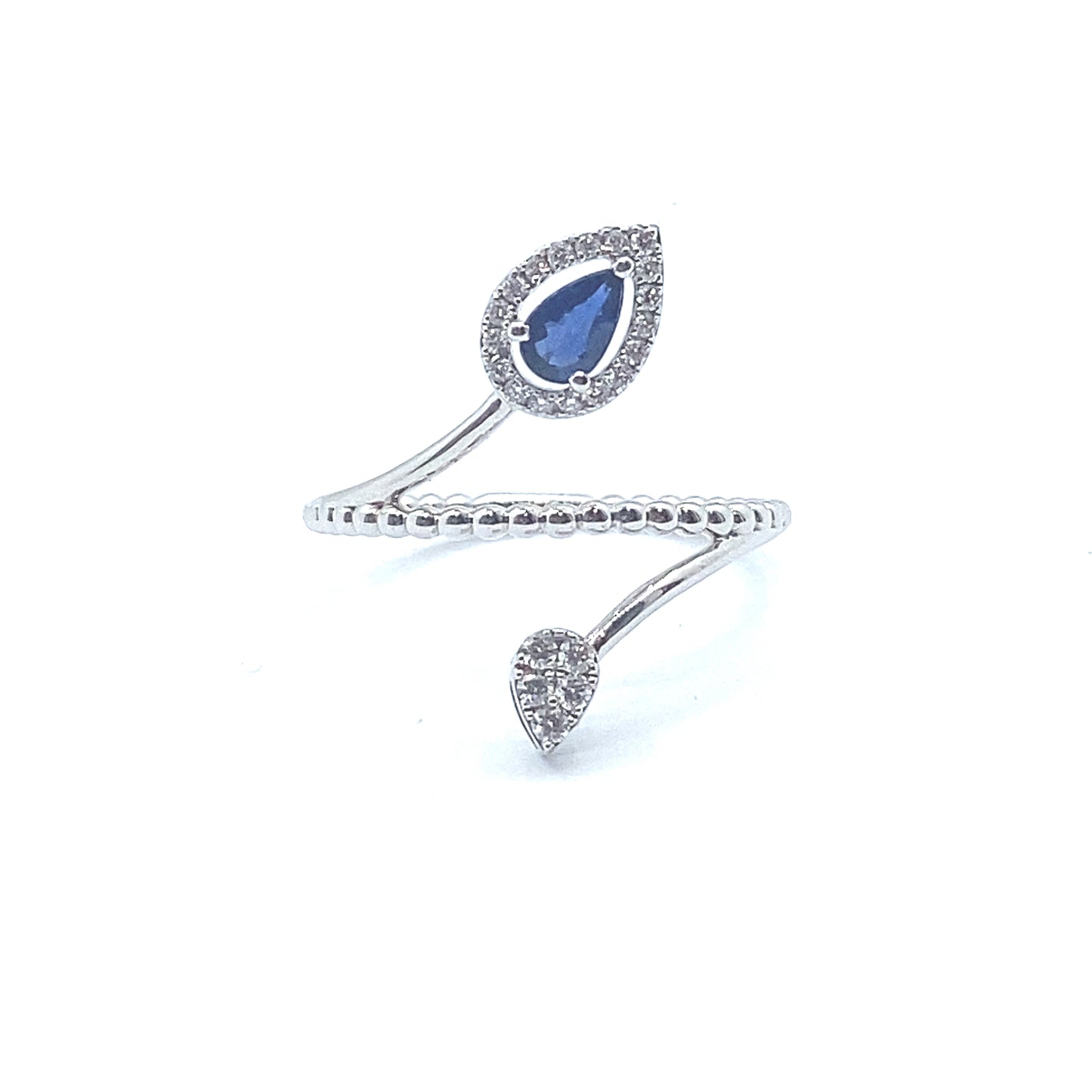 Pear Cut Sapphire and Diamonds Leaf Motif Ring in 18ct White Gold