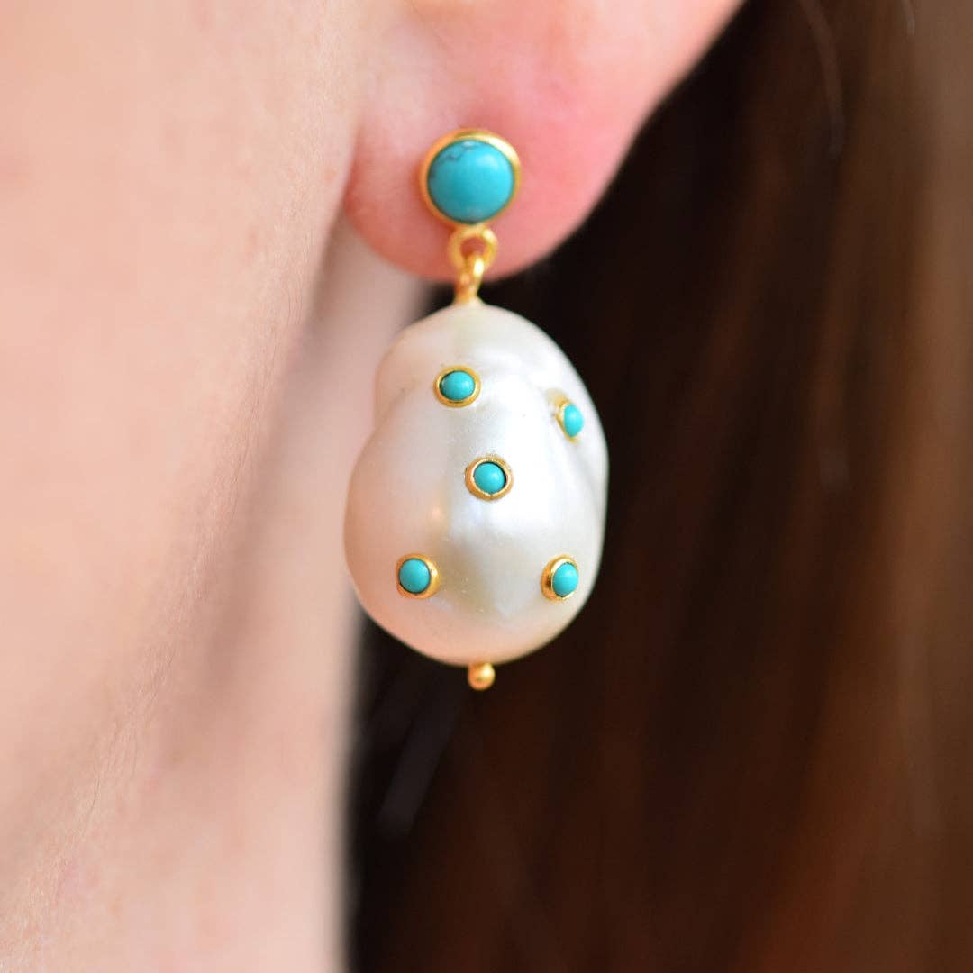 Dotty Baroque Pearl and Turquoise Drop Earrings