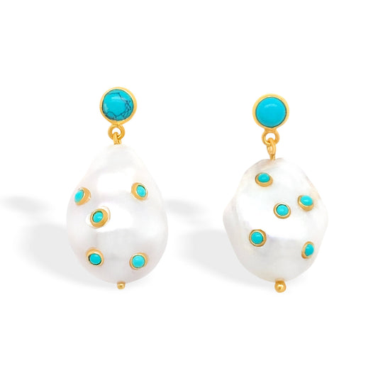 Dotty Baroque Pearl and Turquoise Drop Earrings