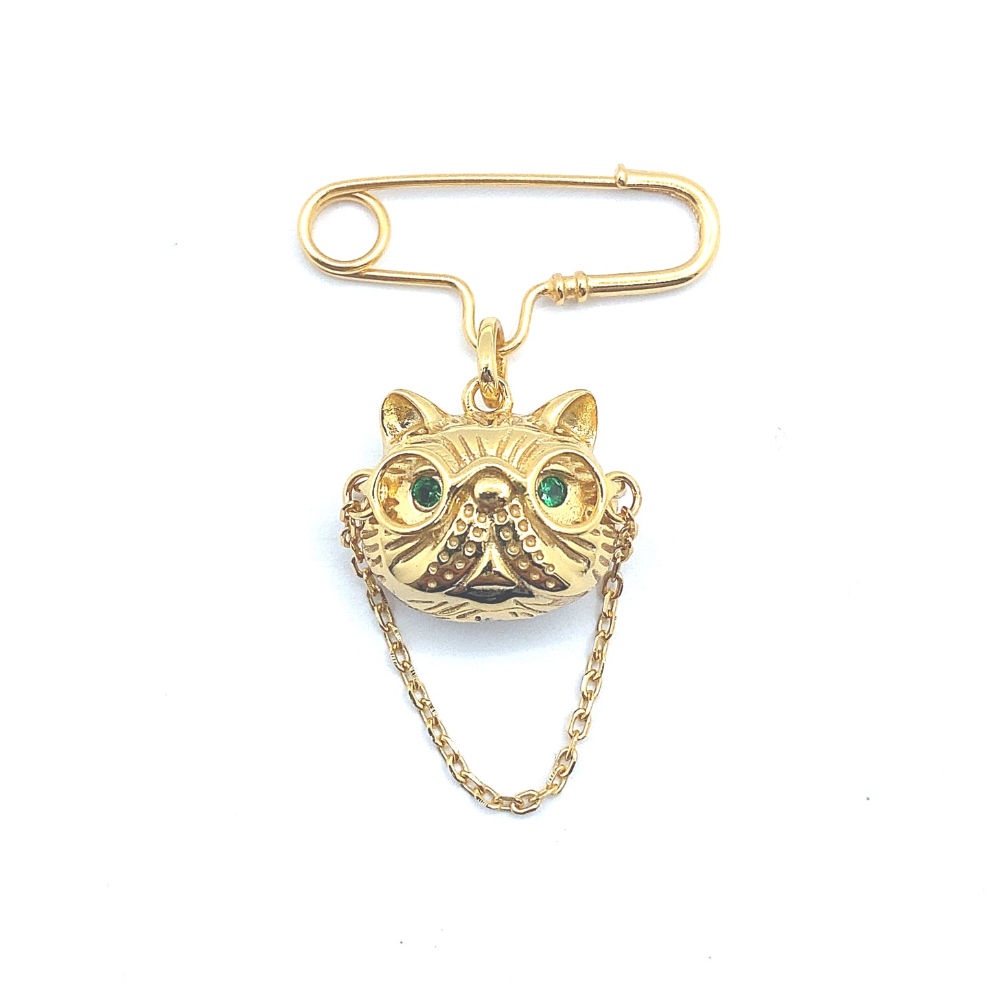 Silver, 18ct Gold Plated Frenchie Cat Brooch with Sparkling Green Eyes