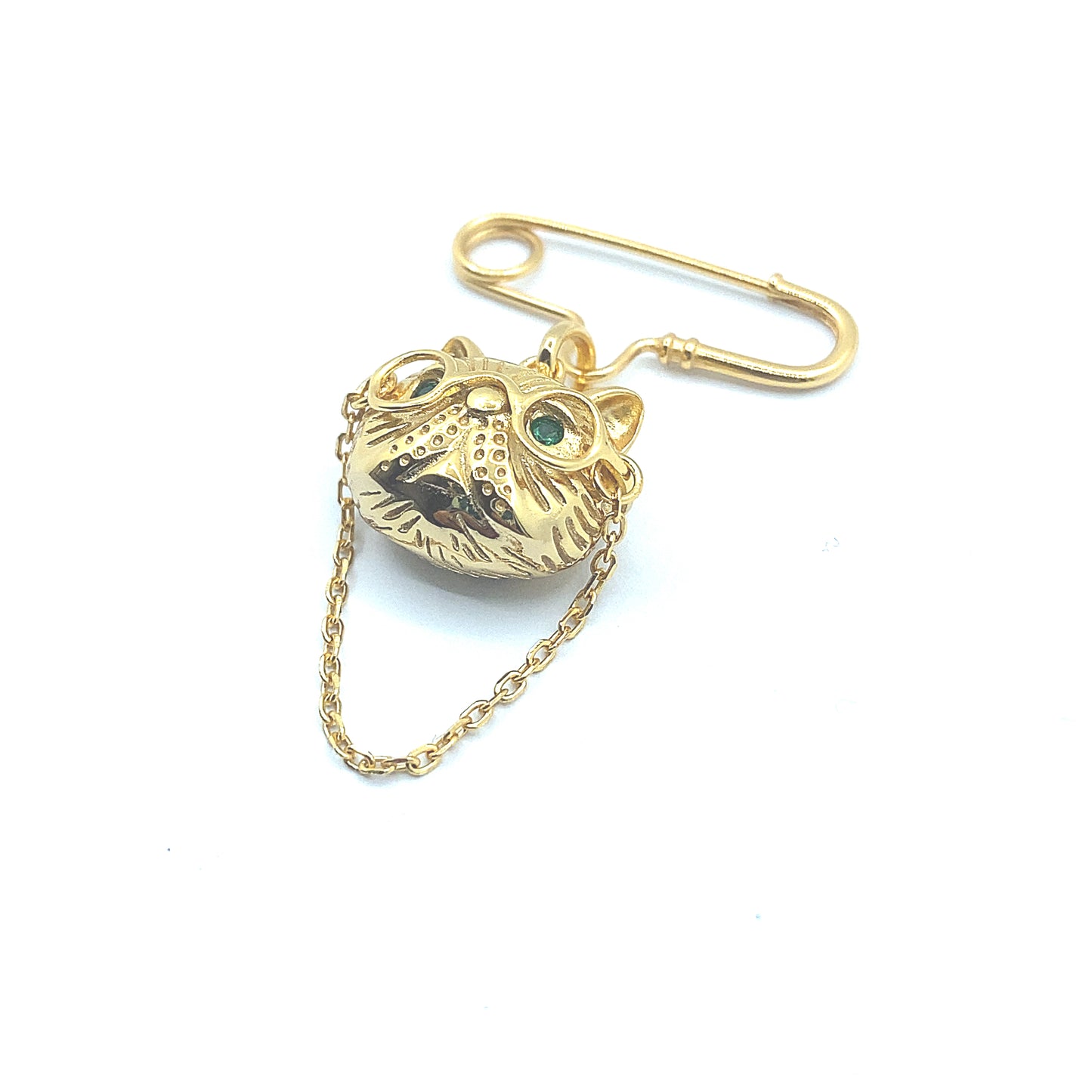 Silver, 18ct Gold Plated Frenchie Cat Brooch with Sparkling Green Eyes