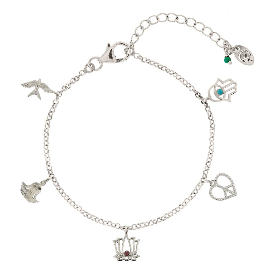 "Peace, Love And Freedom" Sterling Silver Charm Bracelet