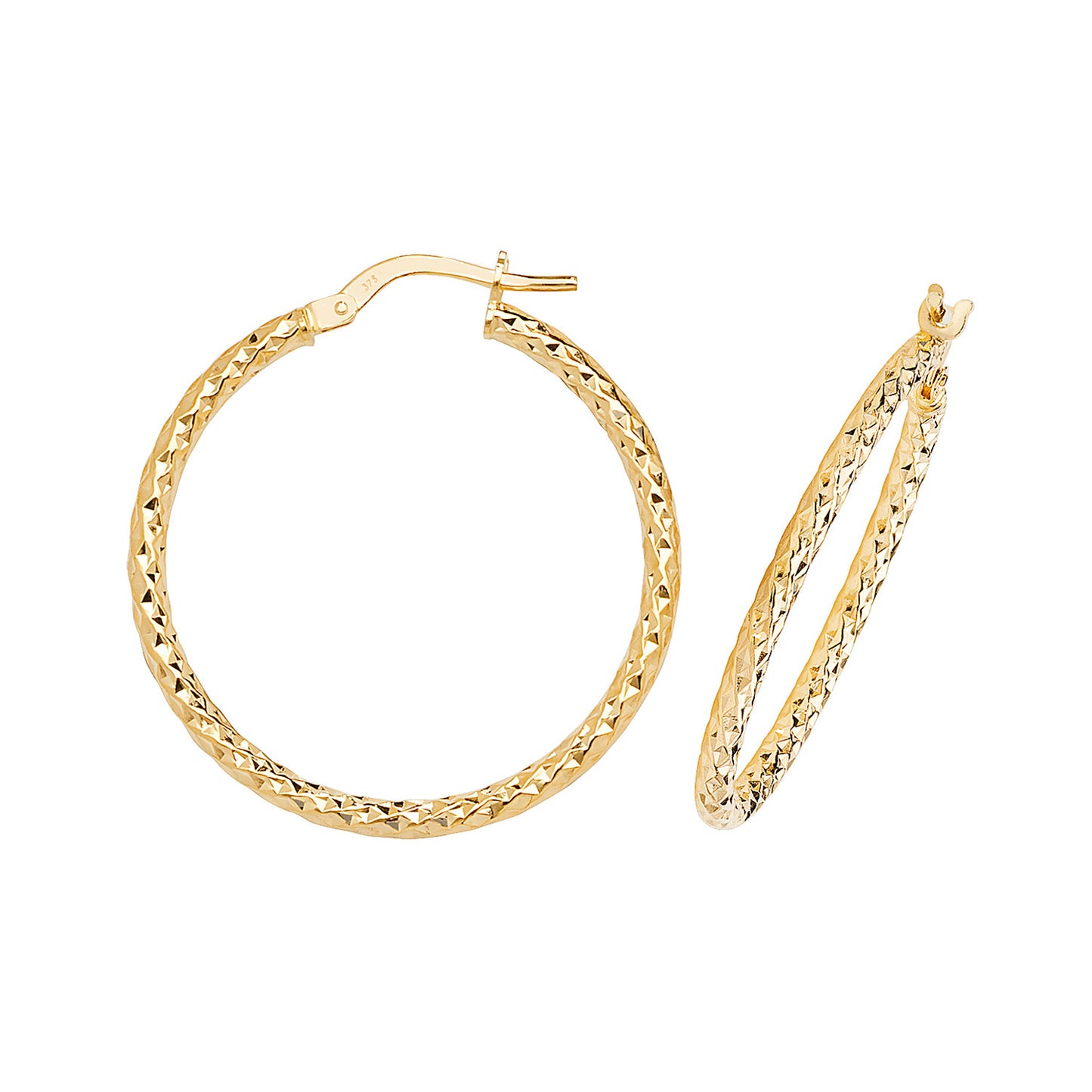 9ct Yellow Gold, Diamond Cut 28mm Hoop Earrings