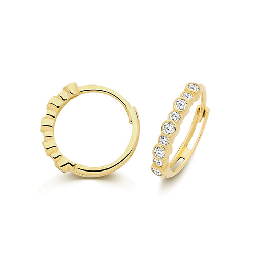 9ct Yellow Gold, Bezel Set Cubic Zirconia, 12mm Huggie Hoop Earrings