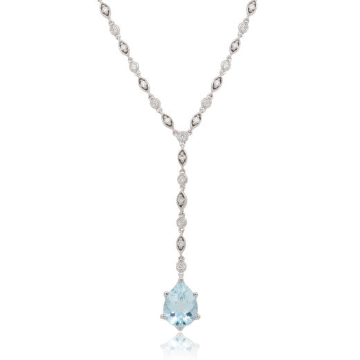 9ct White Gold Diamond & Aquamarine Necklace, Pear Cut Aqua