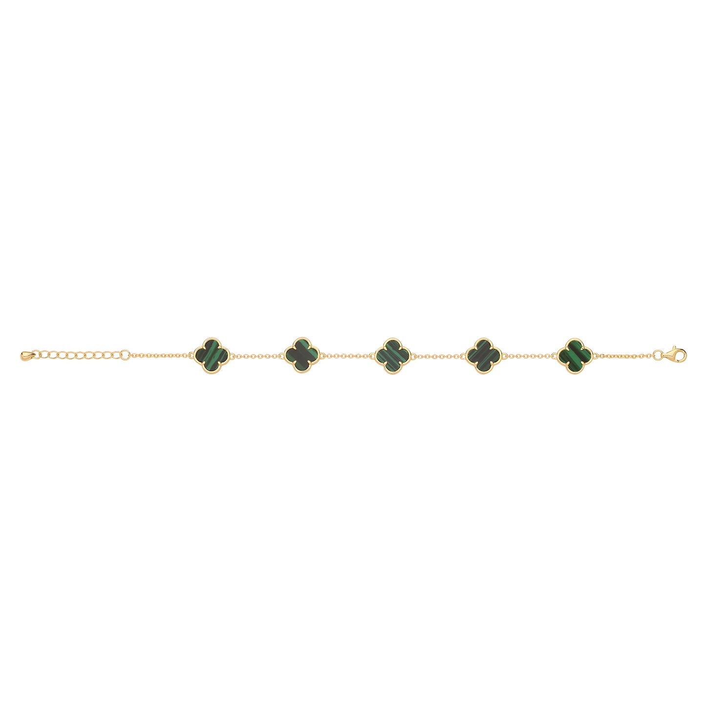 Gold Plated Sterling Silver Malachite 5 Clover Bracelet