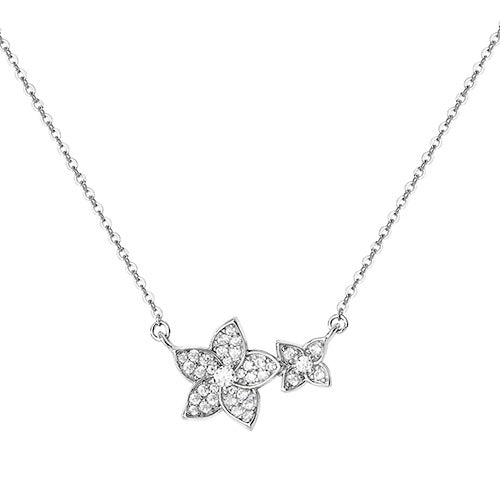 Sterling Silver Rhodium Plated Cubic Zirconia Double Flower Pendant