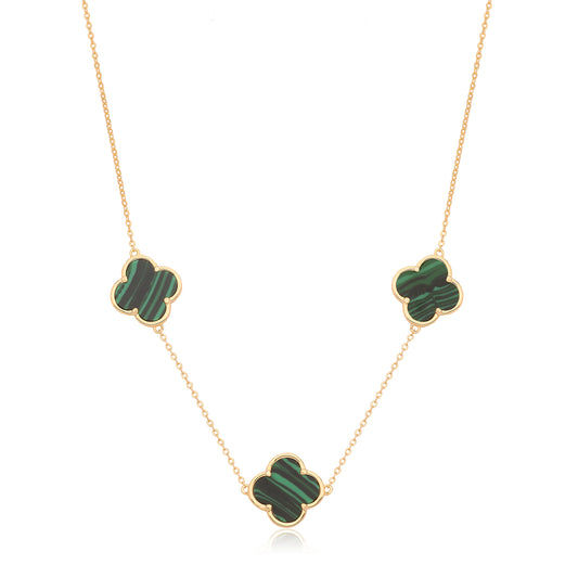 Silver Gold Plated Three In A Row Malachite Clover Pendant Necklace