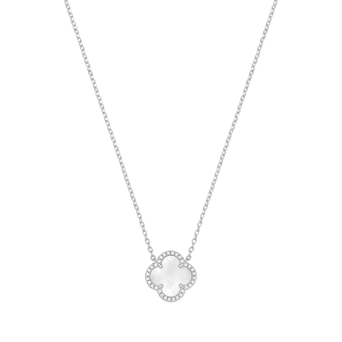 Silver Rhodium Plated Mother Of Pearl Halo Pendant Necklace