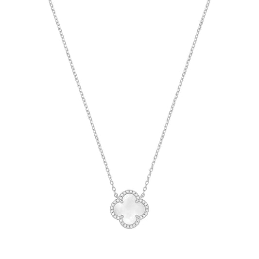 Silver Rhodium Plated Mother Of Pearl Halo Pendant Necklace