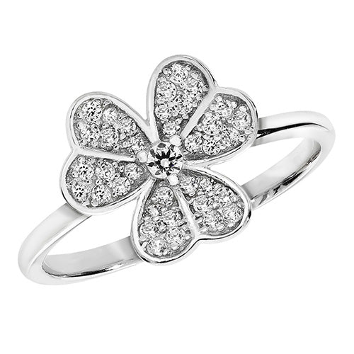 Sterling Silver Rhodium Plated Cubic Zirconia Shamrock Ring