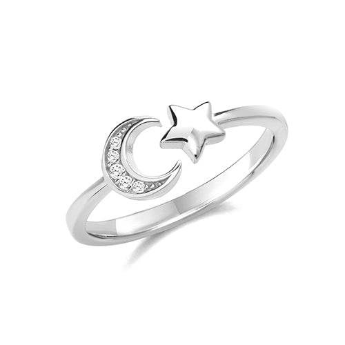 Sterling Silver Rhodium Plated Star And Moon Ring