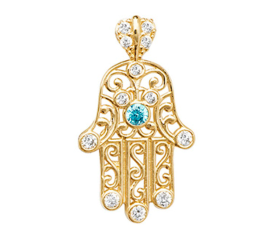 9ct Yellow Gold Hamsa Hand with Blue & clear CZ