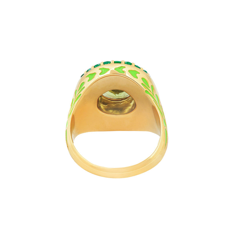 Green Fireworks Ring with Emeralds and Peridot, Enamel and in Gold Vermeil