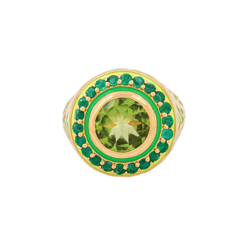 Green Fireworks Ring with Emeralds and Peridot, Enamel and in Gold Vermeil